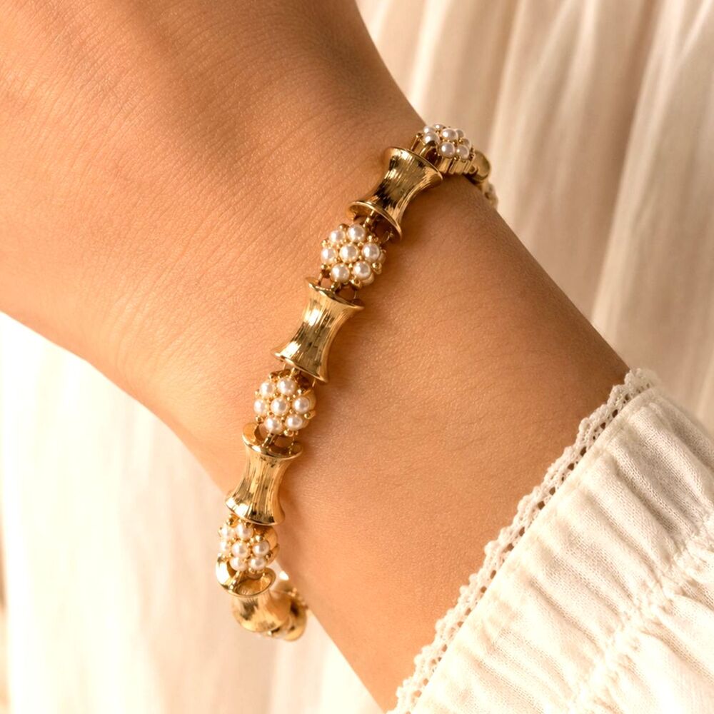 Vintage Gold Tone Faux Pearl Cluster Link Bracelet 7" Adjustable - Picture 2 of 10